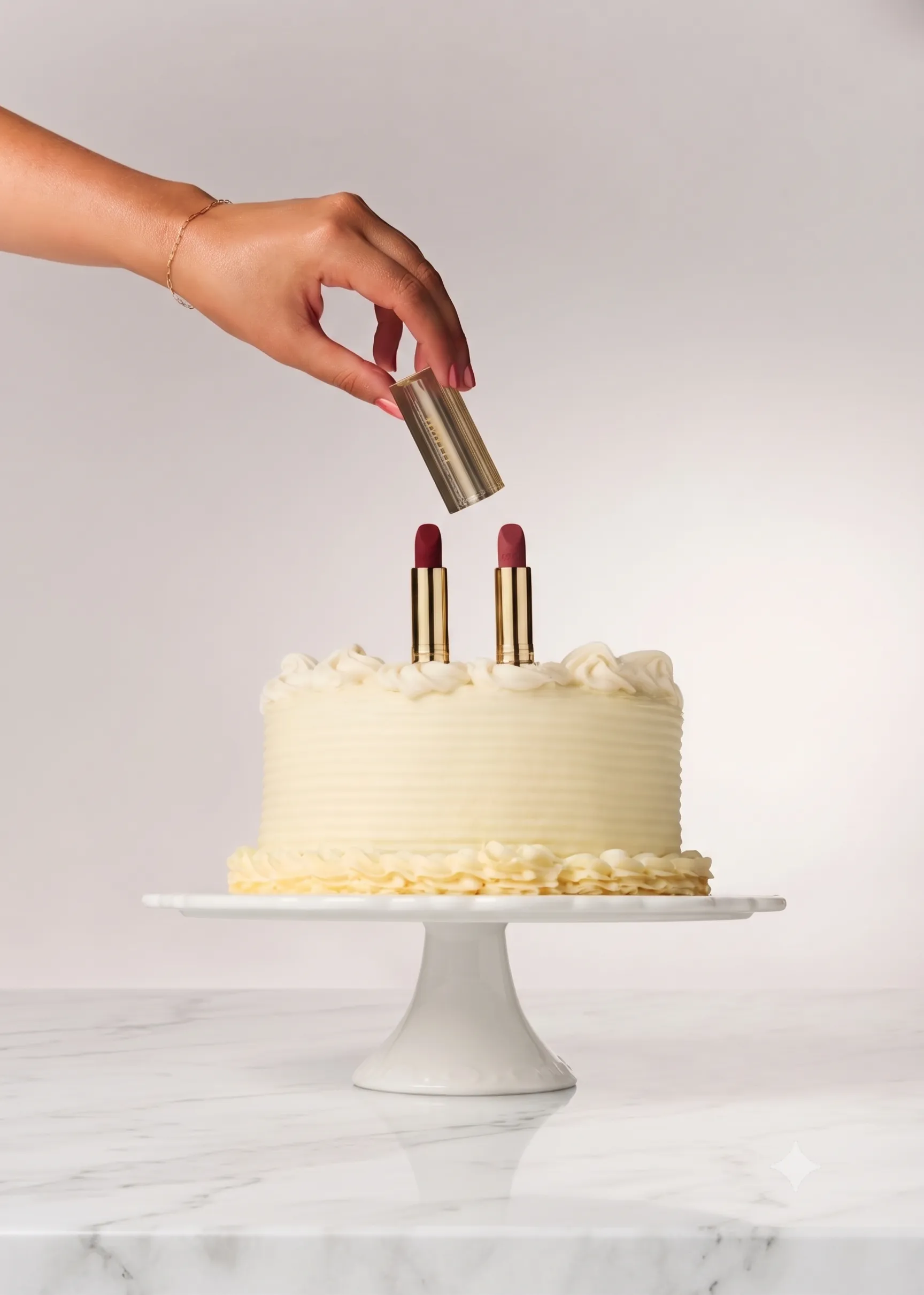 Hand placing lipstick candles on a cream layer cake on a marble cake stand